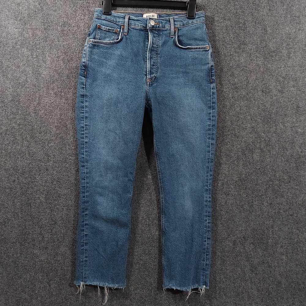 AGOLDE Riley Crop Jeans Mens 28x26 Blue Medium Wash Raw Hem Straight Denim